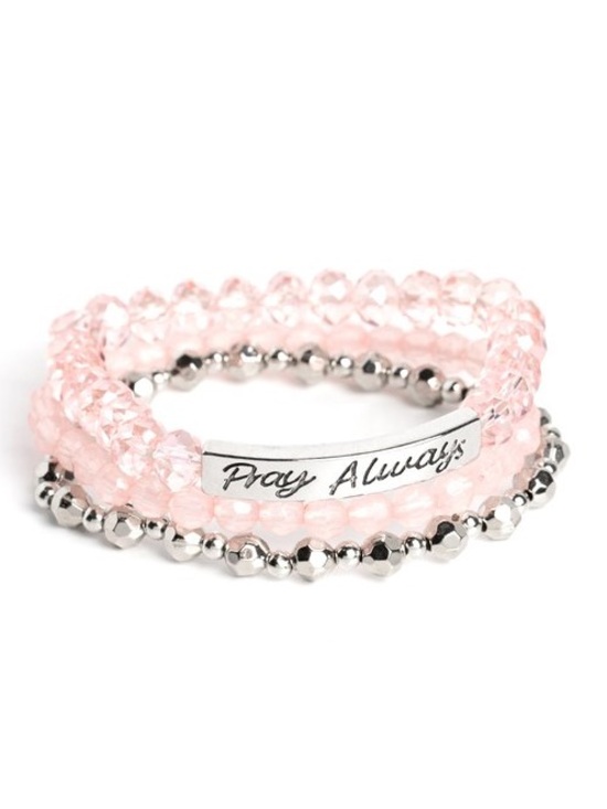 paparazzi Jewelry - paparazzi Pink Beaded Stretch Bracelet Set with Silver 'Pray Always' Plate